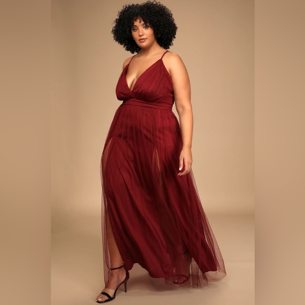 Lulu's Burgundy Rare Beauty Burgundy Tulle Backless Maxi Dress 1X